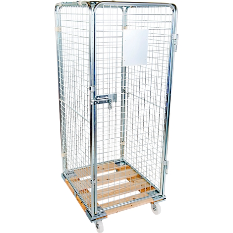Metal mesh cart with wooden pallet and wheels. Empty white board. Mesh door with latch.